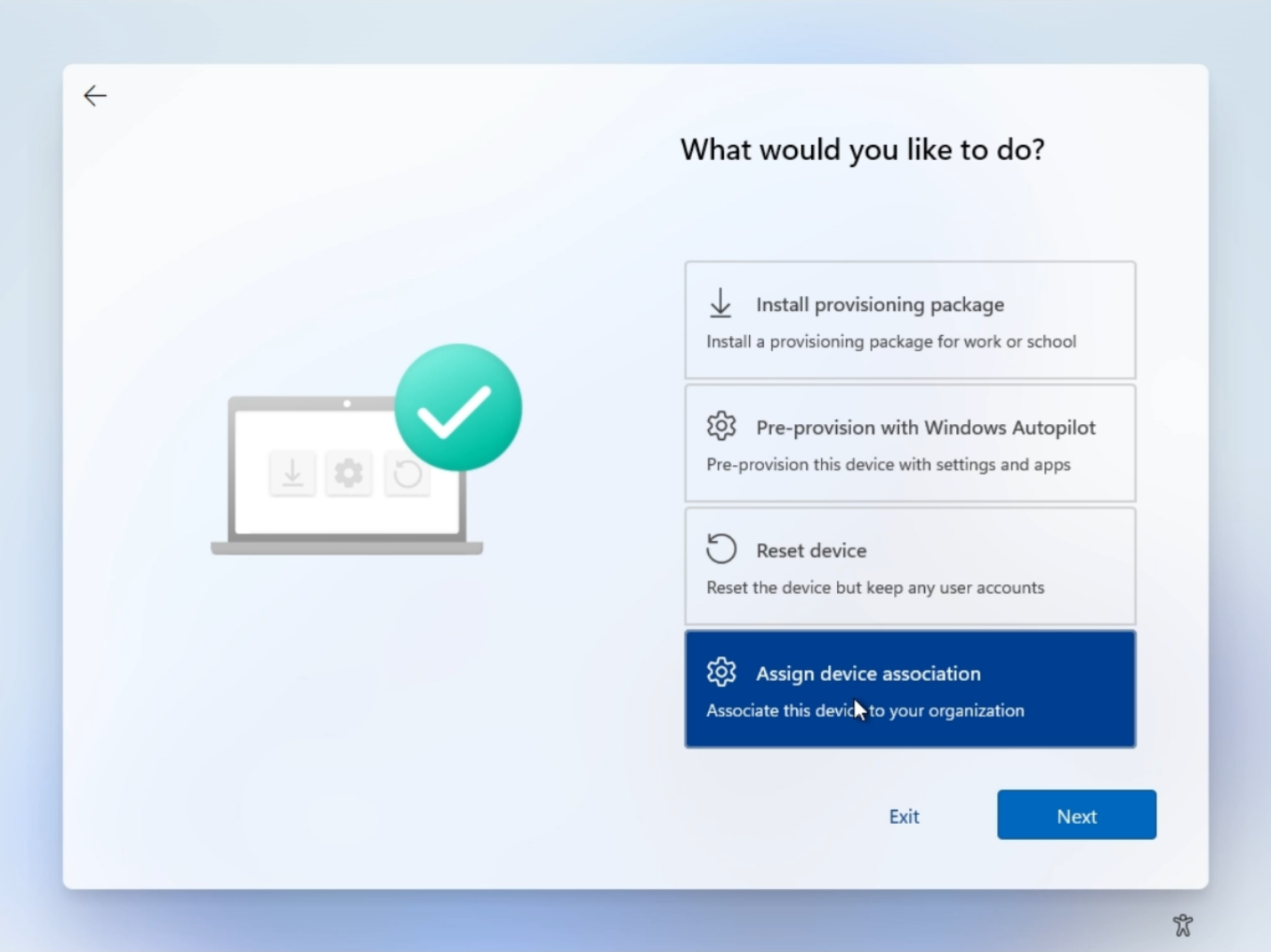 Autopilot menu showing the Assign device association option highlighted in blue