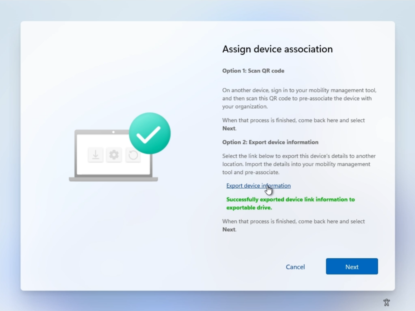 Assign device association screen showing QR code option and Export device information option with successful export confirmation